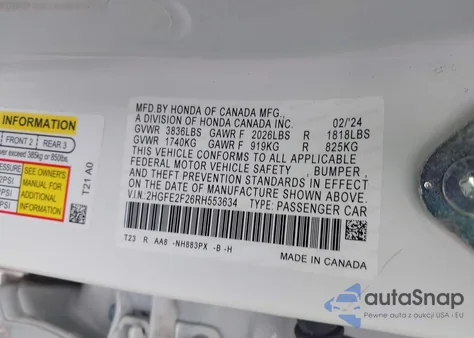 2024 Honda Civic Lx из США, поврежденный, VIN 2HGFE2F26RH553634